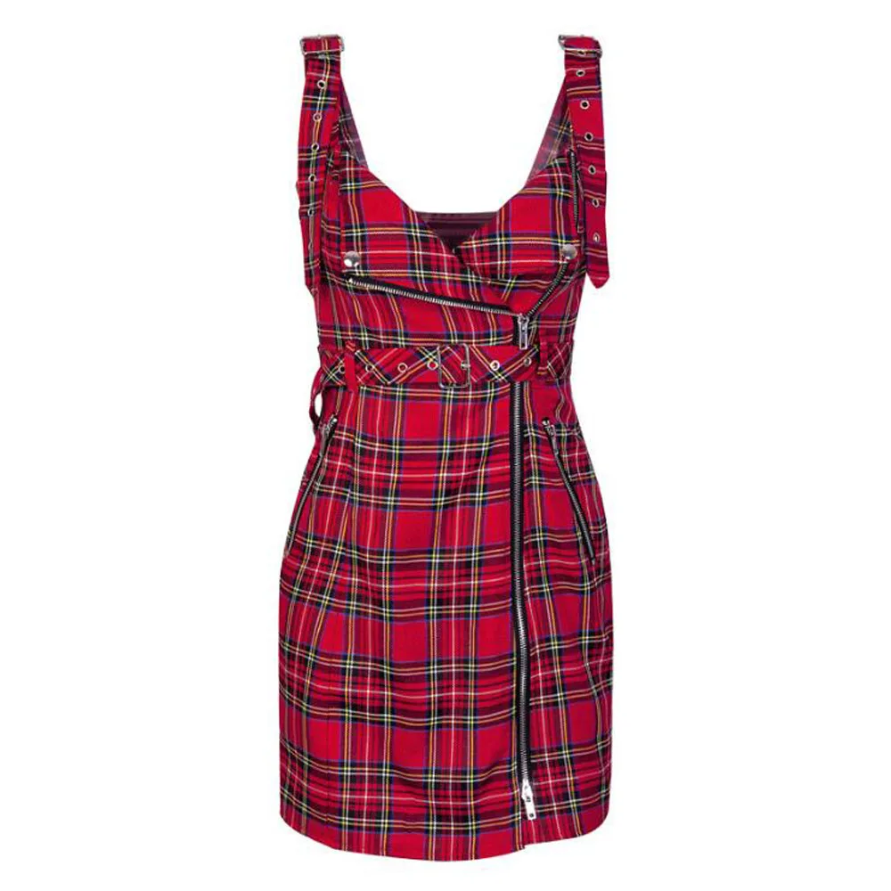 

Plaid Print Gothic Bodycon Dress Women Harajuku Goth Party Short Mini Dress Zipper Rock Punk Style Female Sleeveless Dress