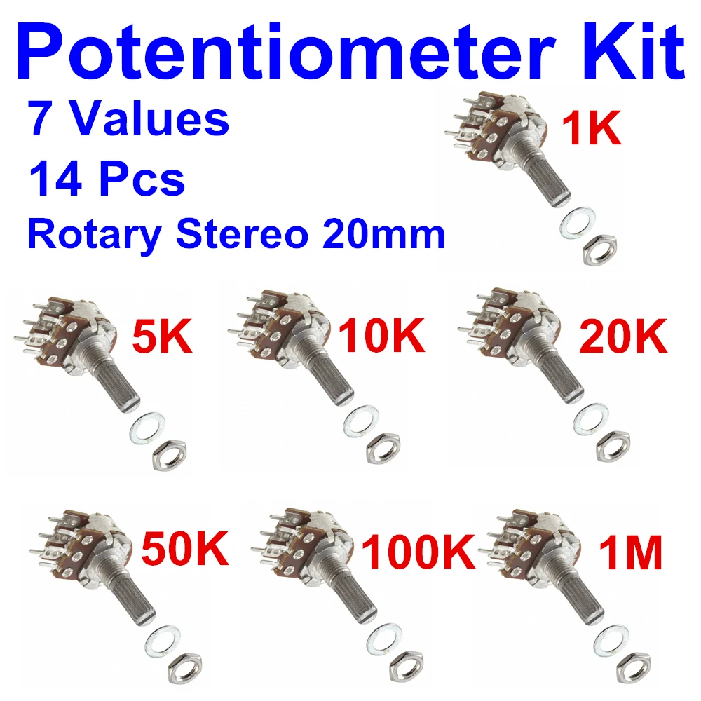

PHISCALE 14 Pcs Duplex Rotary Potentiometer (stereo) Kit 7 Values 1K ~1M 20mm Side Adjustment Linear Variable Resistor Pack