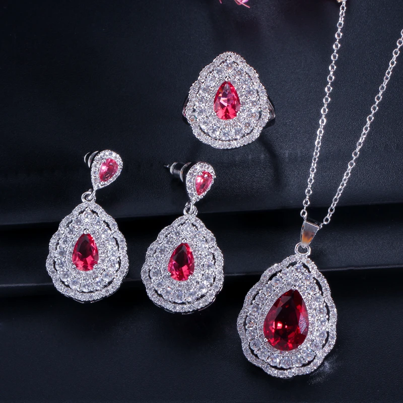 CWWZircons Ослепительная груша капля кольцо с фиолетовыми кристаллами серьги и ожерелье наборы модные женские 3 шт ювелирный набор T284