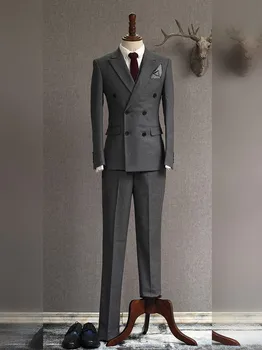 Cena (Kurtka + Spodnie) Podwójne Piersi Mężczyzna Garnitury 2019 Hot Sprzedaży Garnitury Biurowe Szary Wykonane Na Zamówienie Best Man Garnitury Groom Smokingi ślubne