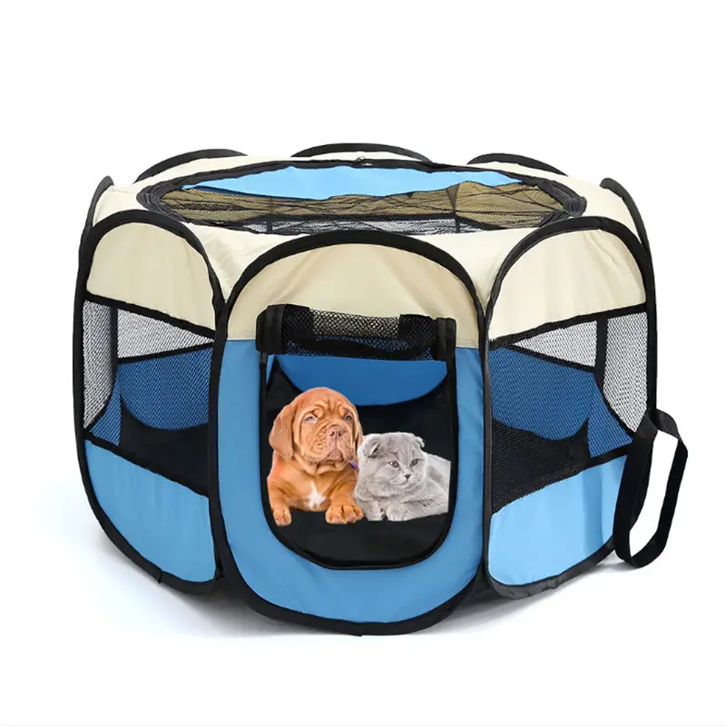 Складной портативный собачий домик клетка для домашних животных палатка Собака Кошка Палатка манеж щенок питомник восьмиугольный забор простой в эксплуатации на открытом воздухе Принадлежности - Цвет: Beige Blue