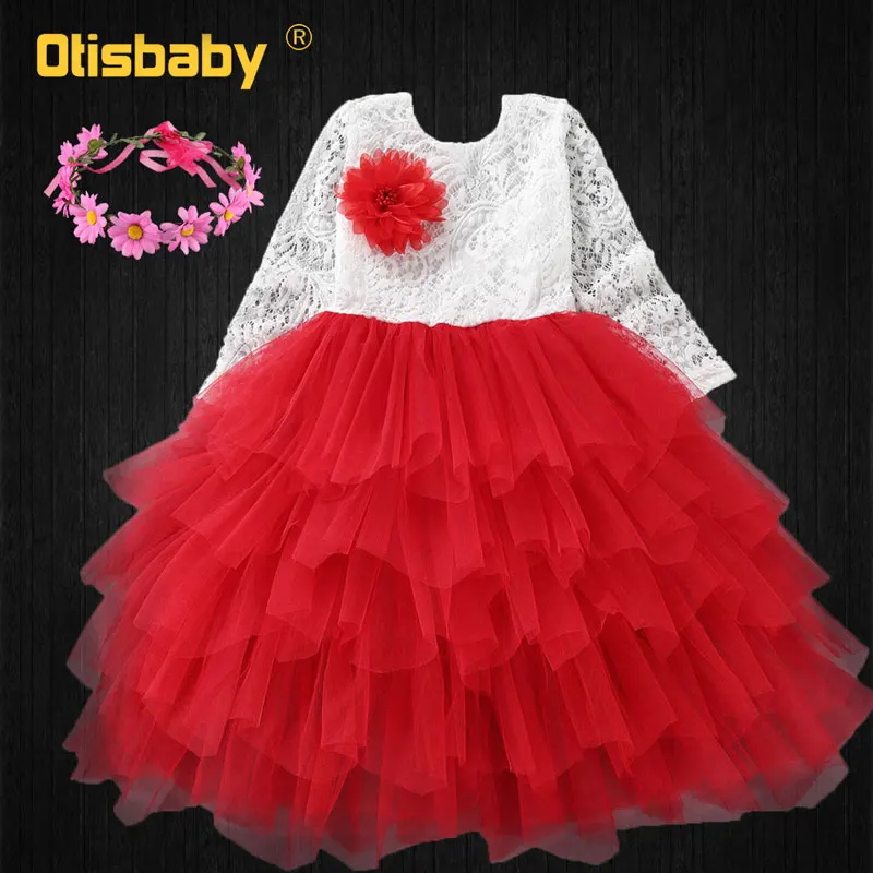 Red Set Летнее стильное детское кружевное платье с цветочным рисунком для девочек; платье-пачка с длинными рукавами и цветочным рисунком с открытой спиной; детское Сетчатое праздничное платье с головным убором - Цвет: Red Set