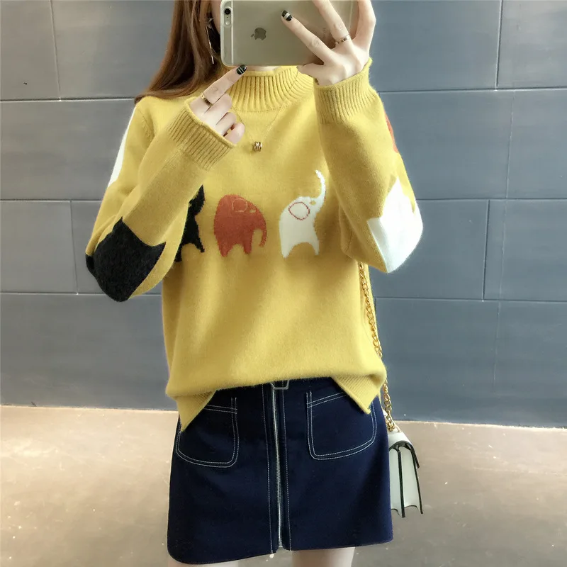 

2018 Autumn Winter Sweater Women Fashion Turtleneck Pullover Knitted Cashmere Sweaters Femme Elephant Embroidery Tops Sweater