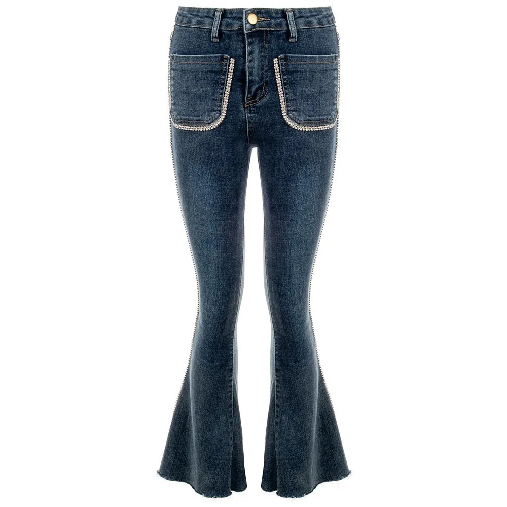 [LIVIVIO] Beadings Patchwork Jeans Women Fronts Pockets High Waist Denim Flare Pants Female Korean Autumn Fashion New