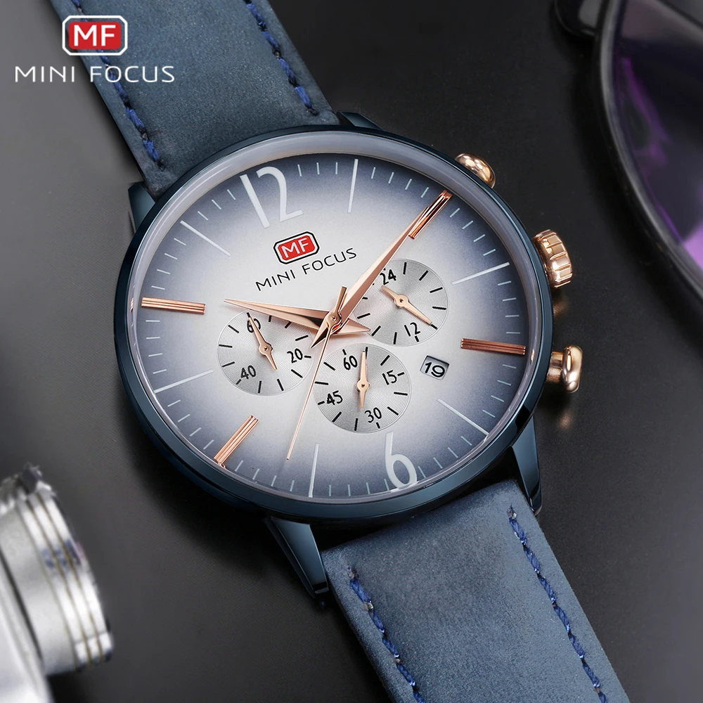 

MINIFOCUS Military Sport Watch Men Quartz Clock Blue Genuine Leather Strap Waterproof Fashion Chronograph Date Relogio Masculino