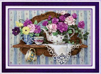 

[super deals]Needlework,DIY Ribbon Cross stitch Sets for Embroidery kit,Teaport flower love ribbon Cross-Stitch wall decor