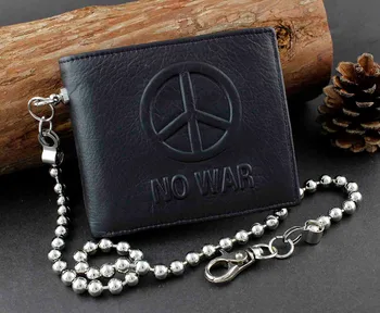 

No War Peace Mens Punk Hip Hop Genuine Leather Wallet With Chain P-11