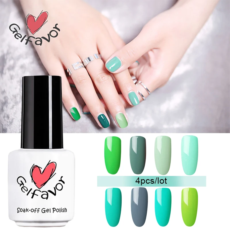 

Gelfavor 7ML 4PCS/LOT Green Color Gel Nail Polish Fresh Style Soak off LED UV Lamp Gel Varnish for Nail Gel Set
