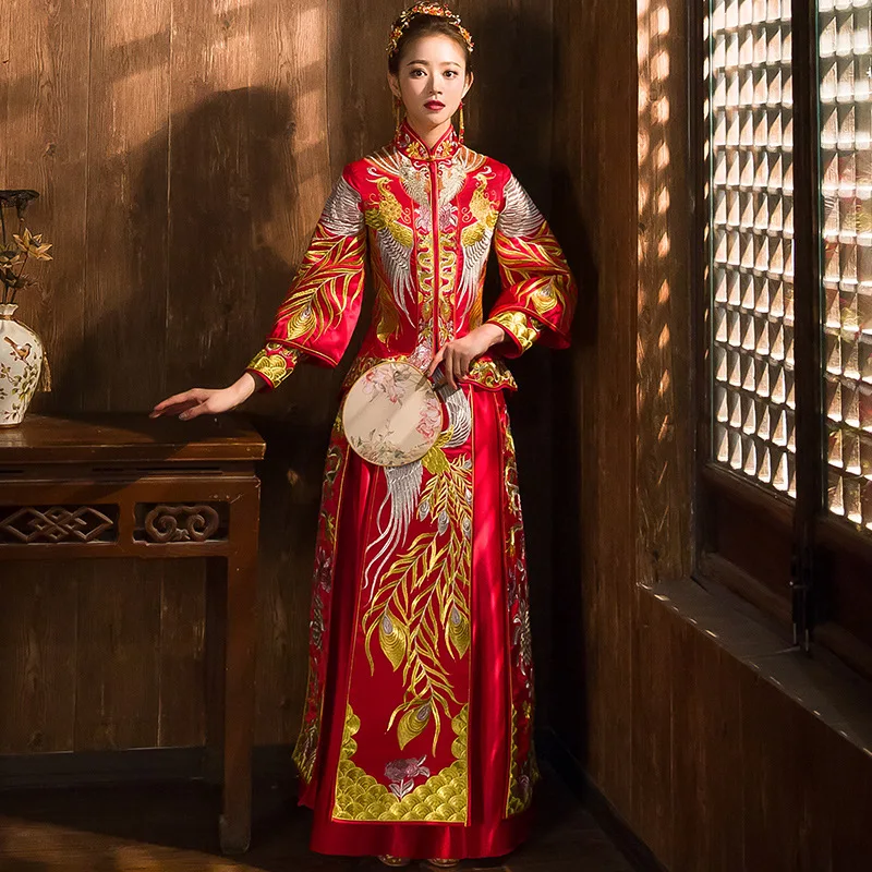 

Red Women Dragon Phoenix Embroidery Qipao Chinese Style Bride Wedding Dress Suit Full Length Flower Oriental Cheongsam Set