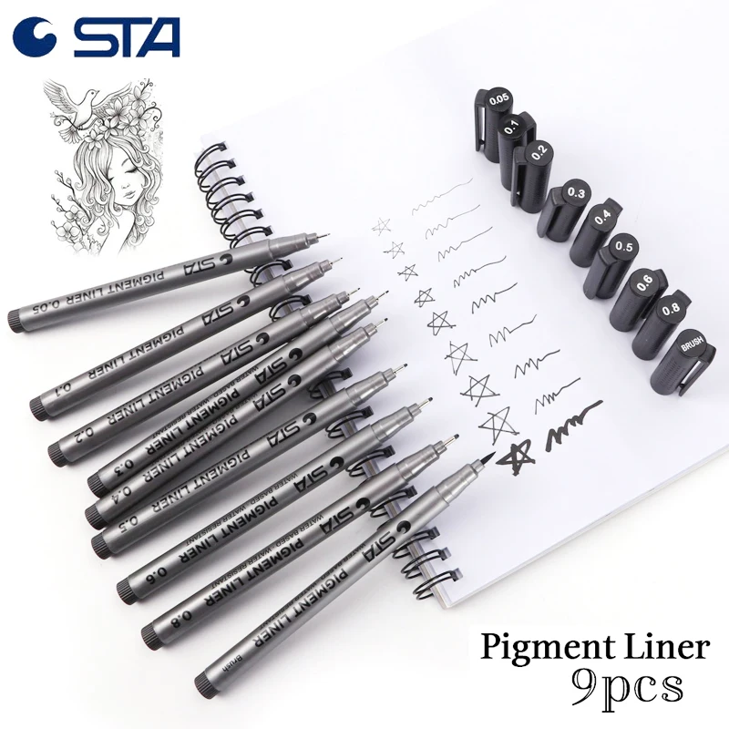 

STA 9pcs/Lot Black Different Size Brush Markers Water Based Pigment Liner Triangular Fineliner Pens for Art Supplies Stationery