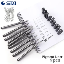 STA 9pcs/Lot Black Different Size Brush Markers Water Based Pigment Liner Triangular Fineliner Pens for Art Supplies Stationery
