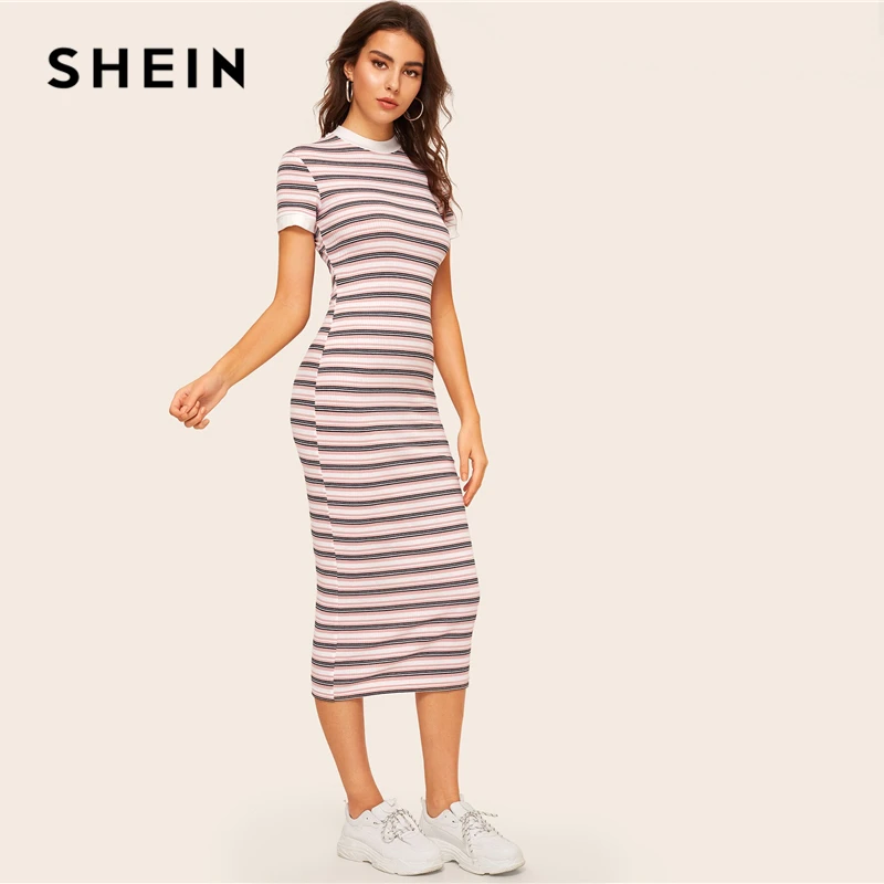 SHEIN, Полосатое платье-карандаш с контрастной горловиной и манжетами,, консервативный дизайн, цветные блоки, тянущиеся, весна-осень, облегающие Женские платья