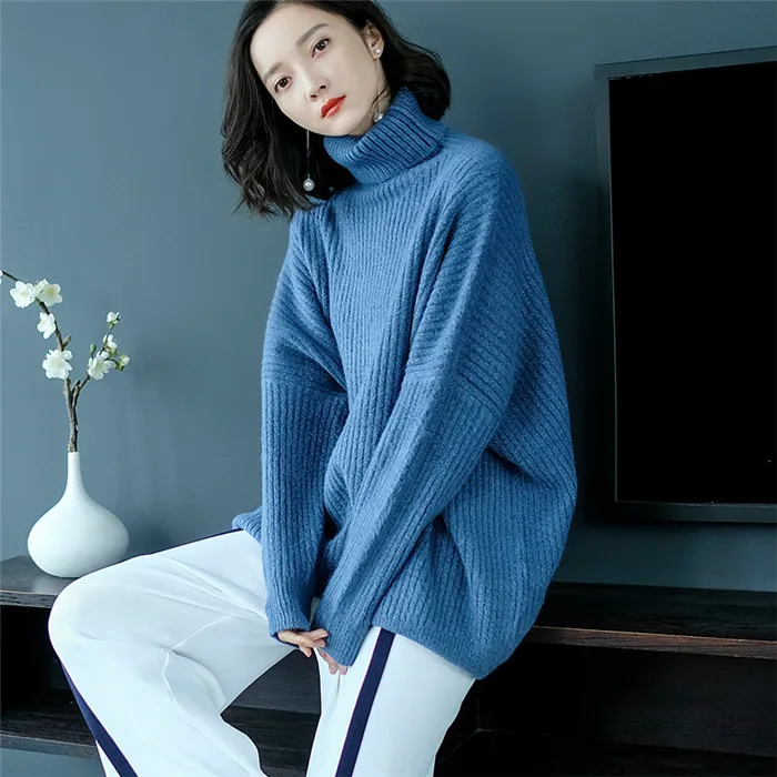 XL брендовый женский утепленный свитер осенне-зимний свитер Одноцветный двухслойный свободный свитер с высоким воротом джемпер - Цвет: Denim Blue