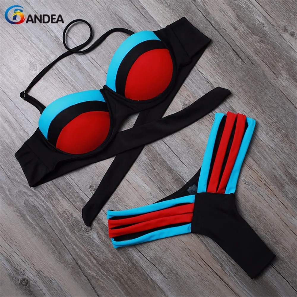 

BANDEA bathing suit women 2017 bikini set for female push up bikini top patchwork bandeau cut out thong bottom hot sale