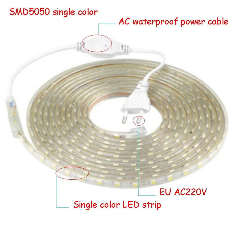 220 V Светодиодные ленты светильник со штепсельной вилкой европейского стандарта 5050 Водонепроницаемый 1to100m 220 V лента лампа в полоску теплая белого и синего цвета Белый и зеленый цвета красный