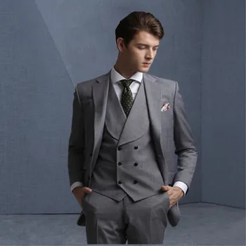 

Smoking gray men's classic slim fit suit double-breasted vest groom wedding dress 3 piece jacket pants vest