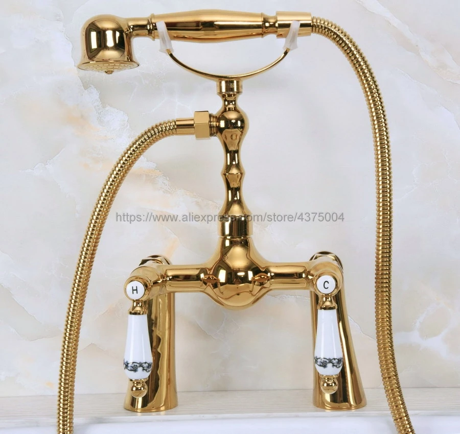Polished Gold Brass Deck Mounted Bathroom Bathtub Shower Faucet Double Ceramic Handle with Hand Held Shower Nna138