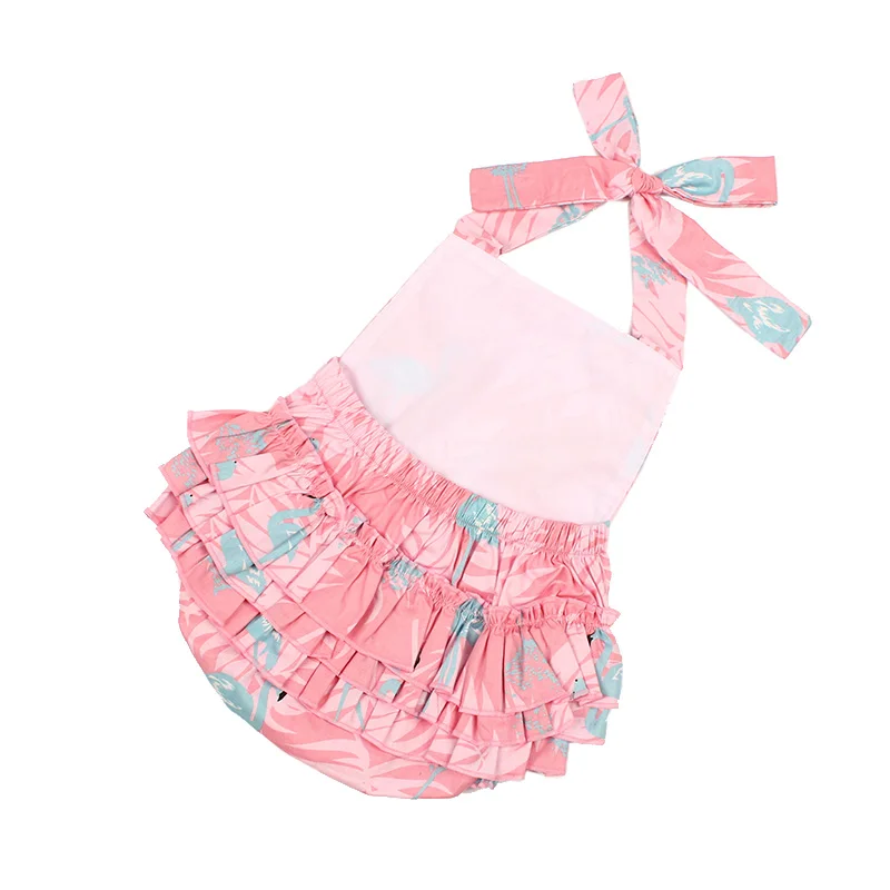 Flamingo Print Baby Girls Cotton Rompers and Headband 2pcs Sunsuit Kids Ruffles Jumpsuit Children Summer Beach Clothing (6)