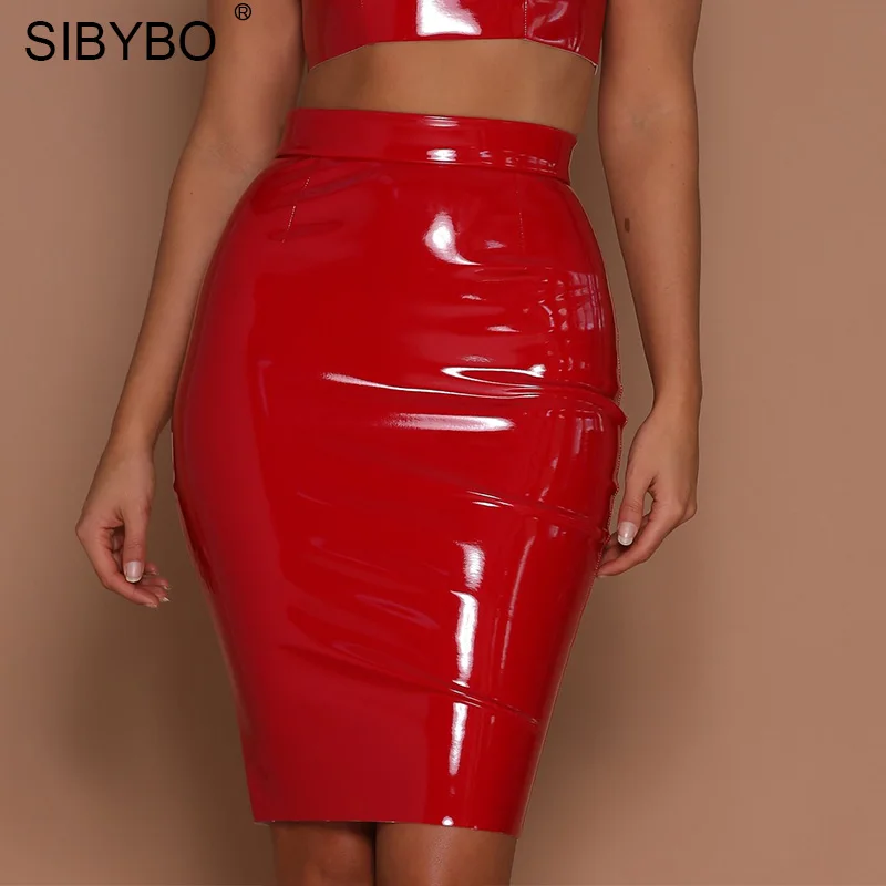 Sibybo, сексуальные юбки из искусственной кожи с высокой талией, Женская Осенняя зимняя модная юбка-карандаш длиной до колена, Черная Женская юбка миди - Цвет: Красный