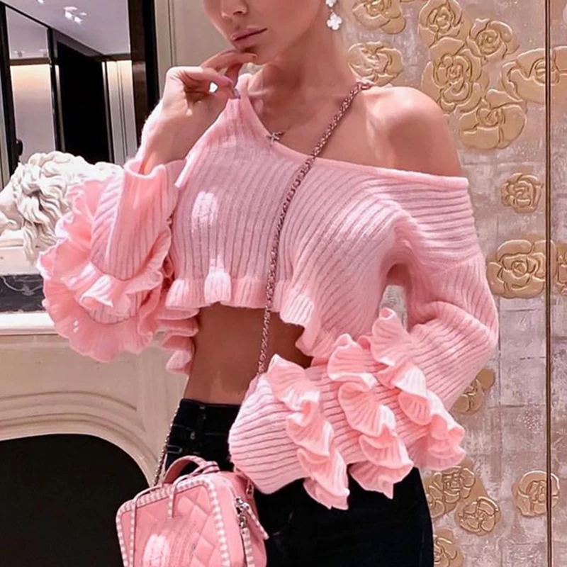 

Women Clothing Ruffles O Neck Long Sleeve Pink Slim Sexy Slash Neck Sweater Office Ladies Short Style Fashion Knitwear SJ2915M