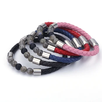 

Natural Labradorite Beads Stainless Steel Charm Real Pink Black Navy Blue Dark Coffee Leather Magnet Wrap Unisex Bracelet Bangle