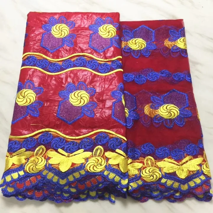 

5Yards Hot sale big red african Bazin brocade lace fabric blue and yellow embroidery french net lace for dress BZ20-6