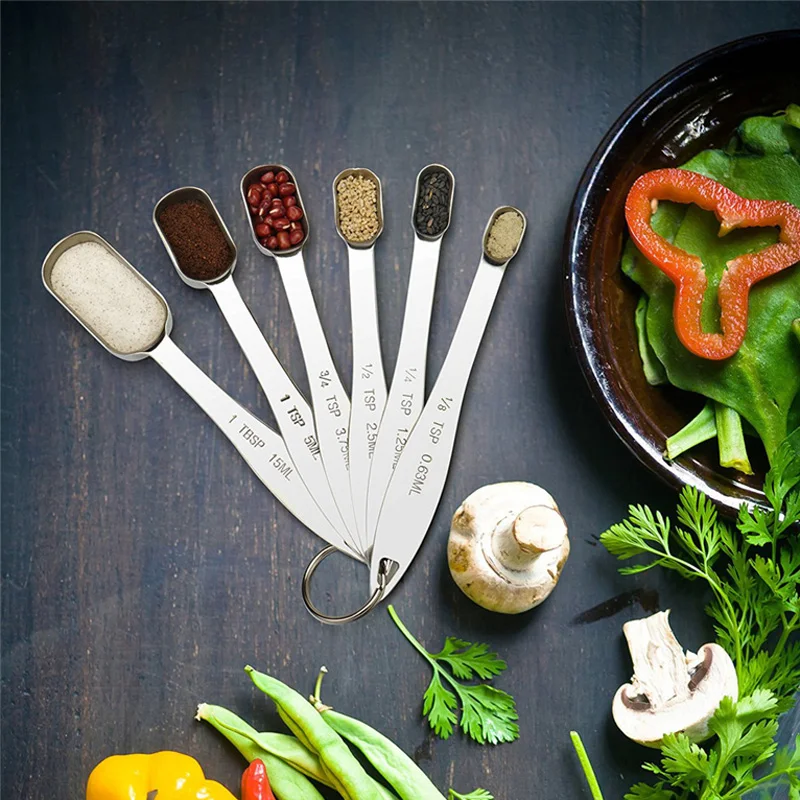 Set of 6 Stainless Steel Measuring Spoons Narrow Mouth Sugar Spice Measuring Scoop Cooking Baking Measuring Tools Kitchen Gadget (4)