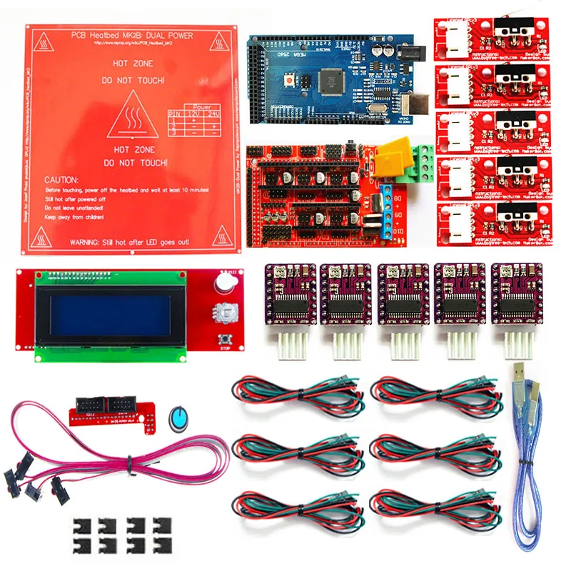 Комплект Reprap Ramps 1,4 с Mega 2560 r3+ Heatbed mk2b+ 2004 ЖК-контроллер+ DRV8825+ Фиксатор+ кабели для 3d принтера