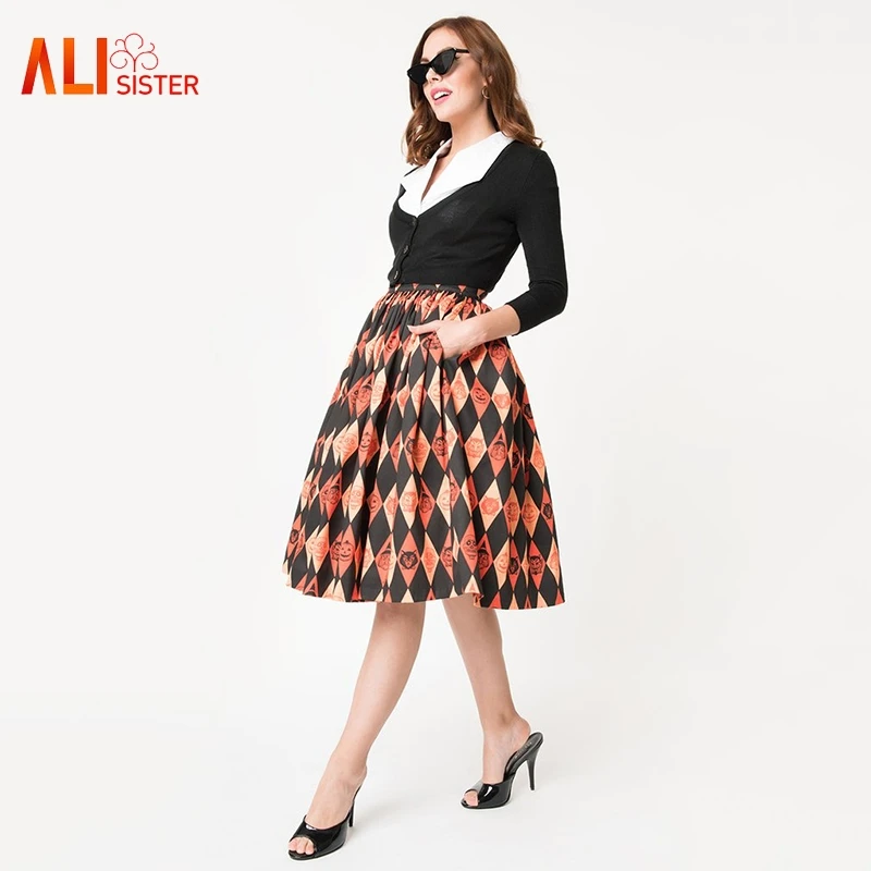 Autumn Women Skirt Halloween Skull Floral High Waist Pleated Midi Skirt