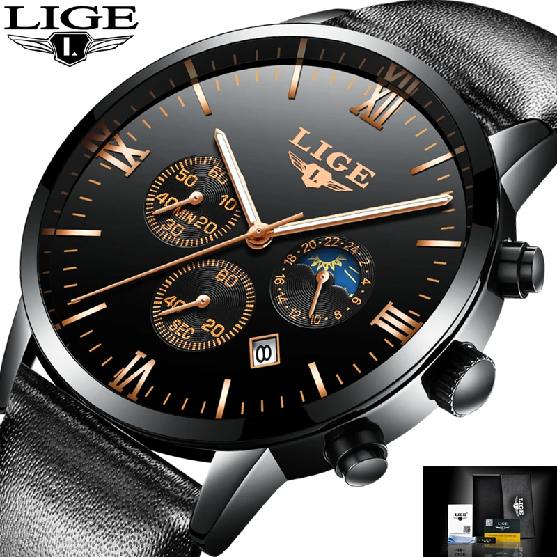 

2017 LIGE Watches Top Brand Luxury Waterproof 24 hour Date Quartz Watch Man Leather Sports Wrist Watch Men Waterproof Clock Mens