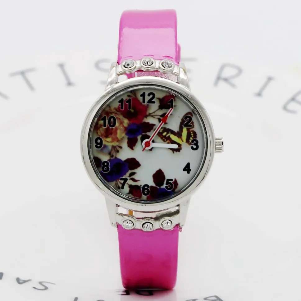 butterfly Kids Watches For Girls Children's with Diamond Cartoon Watch Leather Girl Clock relogio infantil | Наручные часы