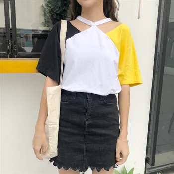 

Summer tshirt Korean Fashions Casual Color Block Women Short Sleeve T-shirts Sexy Shoulder Hollow Out Loose Tee Shirt Tops Femme
