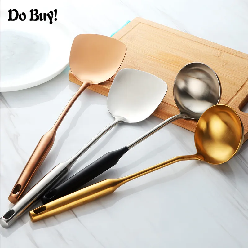 

Thicken Stainless Steel Turner Soup Ladle Gold Ladle Spoon Cooking Tool Set Long Handle Kitchen Utensil Slotted hollow Wall Hang