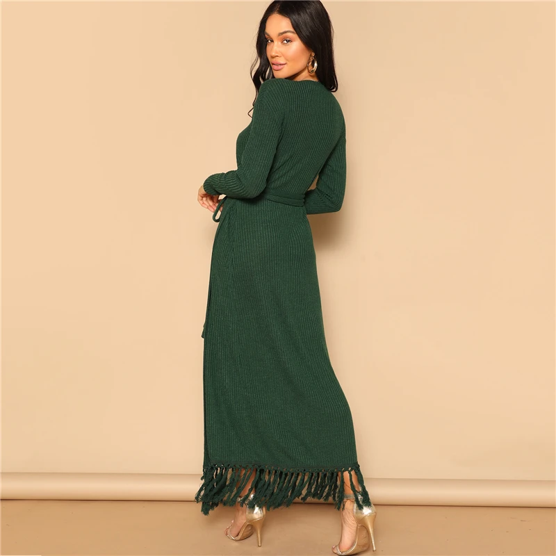 Sheinside зеленое трикотажное платье с бахромой и поясом, женские длинные платья для вечеринок, v-образный вырез, женское Повседневное платье