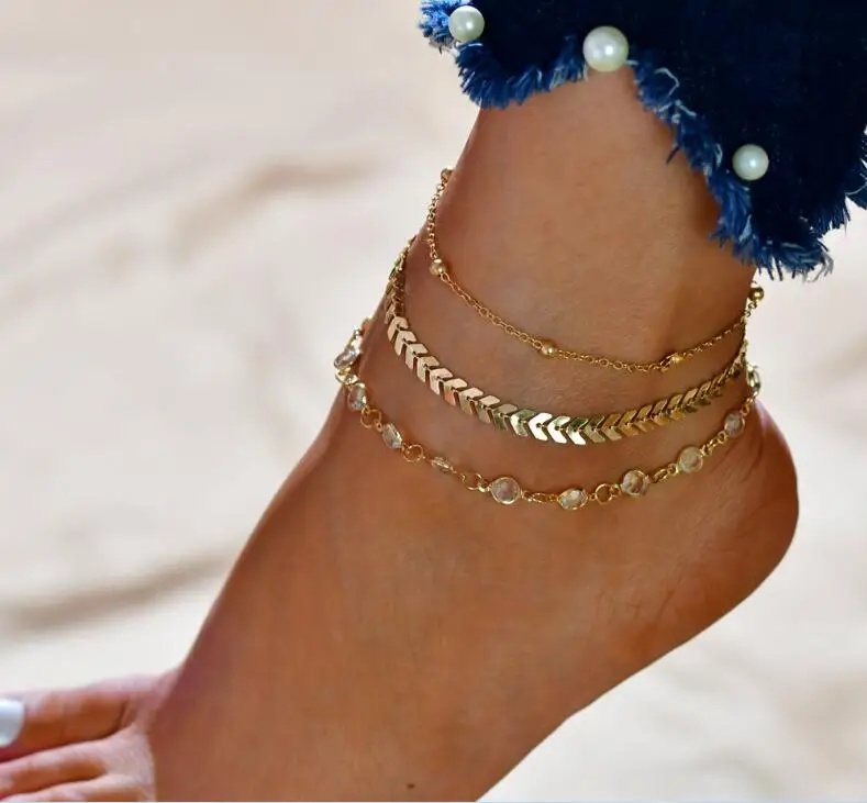 

3 Pcs a Set Double deck chain Sequins Anklet Adjustable Ethnic style Opening Bangle Bijoux Jewelry Gift B3042