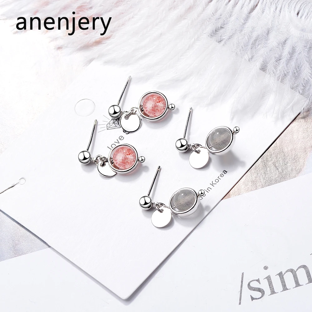 Anenjery простые 925 пробы серебряные серьги с натуральным розовым клубничным кристаллом лунного камня маленькая кисточка для женщин подарок S-E826