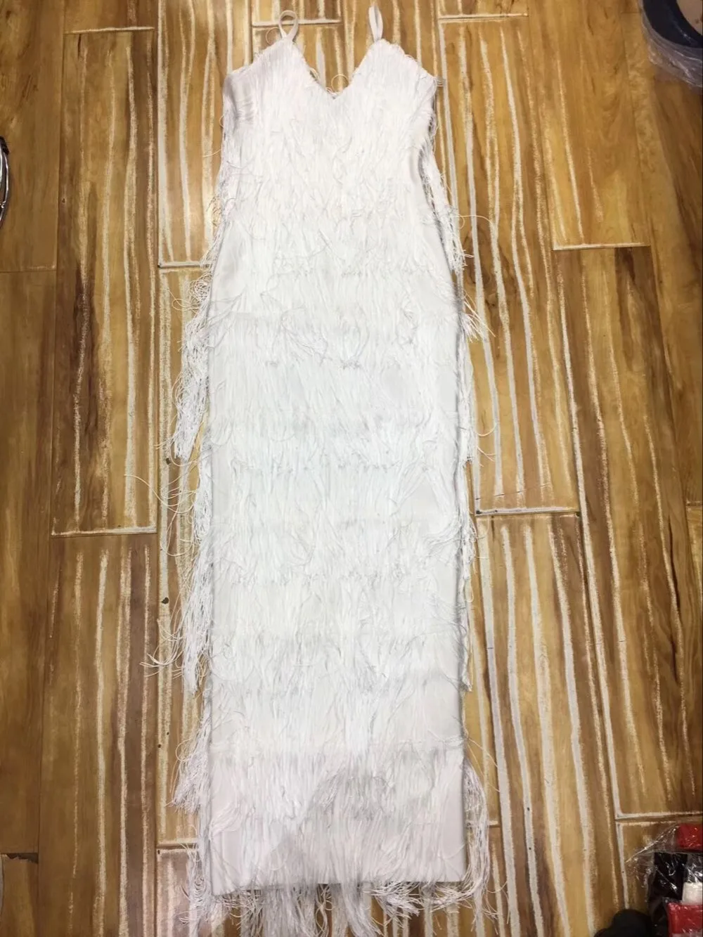 High Quality White Slip Tassel V-neck Long Bodycon Rayon Bandage Dress Evening Party Dress (6)