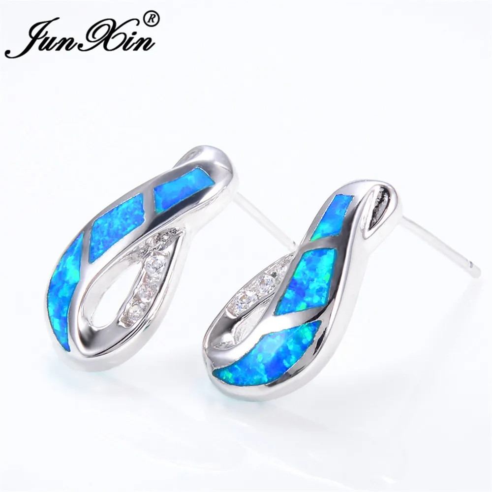 Junxin Female Blue Fire Opal Stud Earring With Crystal Aaa Zircon Junxin Female Blue Fire Opal Stud Earring With Crystal Aaa Zircon 925 Sterling Silver Filled Jewelry Double Earrings For Women In From