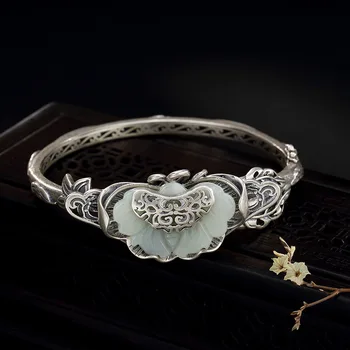 

L&P Real 925 Sterling Silver Bangles Vintage Silver Natural Jade Butterfly Bracelet Bangle For Women Ethnic Retro Fine Jewelry
