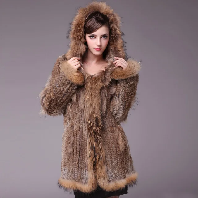 Euro Fashion Women Fur Coat Real Rabbit Fur Knitted Thicken Warm