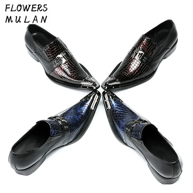 

Foreign Trade Hot Selling Patchwork Genuine Leather Men Dress Shoes Fashion Metal Pointed Toe Slip On Man Party Night Club Shoes
