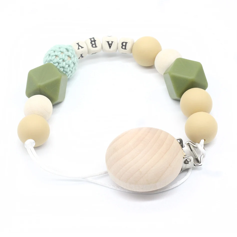 Personalized Name Silicone Bead Teething Pacifier Clip Wood Beads Nursing Clip Paci Clip Toy Binky Binkie Clip Baby Shower Gift