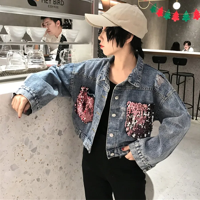 

Women Sexy Hole Sequined Basic Coat Denim Jacket Autumn Jeans Jacket ladies Denim Coat loose casual bomber jacket Korean style