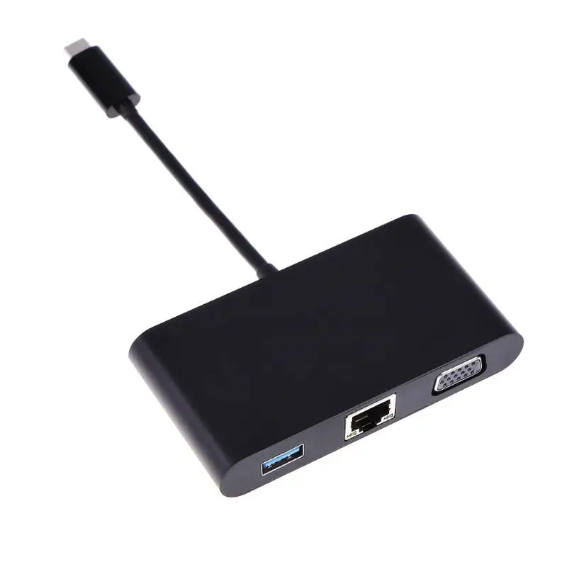 Алюминиевый сплав 1080 P Тип с разъемами типа C и USB3.0+ RJ45 LAN+ VGA+ Тип-C+ 3,5 мм аудио Порты и разъёмы адаптер мульти-Порты и разъёмы Тип-конвертер - Цвет: Черный