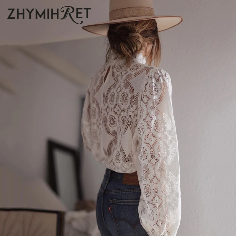 Женские кружевные топы и блузки zhymifret ажурные Блузы с длинным рукавом ложным