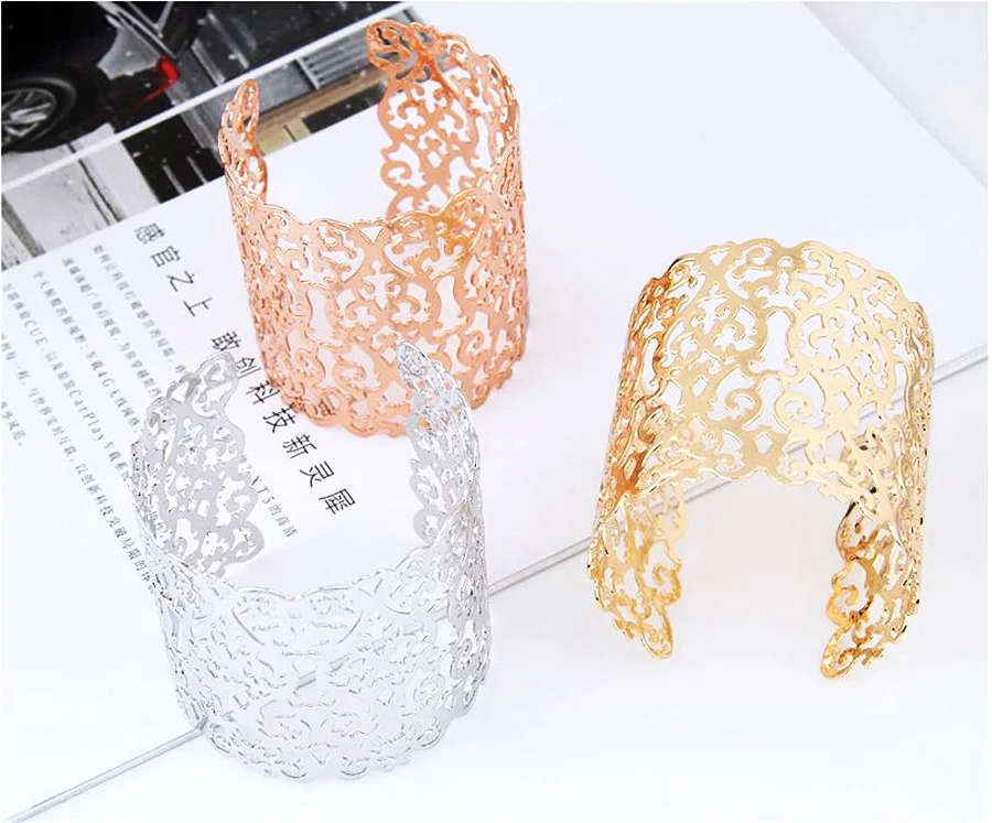 Punk Cuff Bracelets for Women Big Wide Bangle Bracelet Jewelry Fashion Statement Hollow Flower Carved Charm Pulseiras RAVIMOUR bangle bracelet
