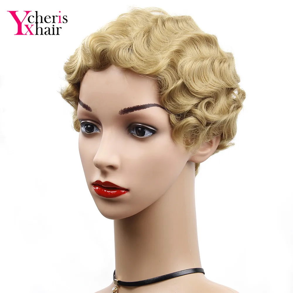 YXCHERISHAIR Short Synthetic Finger Wave Wigs High Temperature Fiber Blonde Synthetic Curly Cosplay Wig