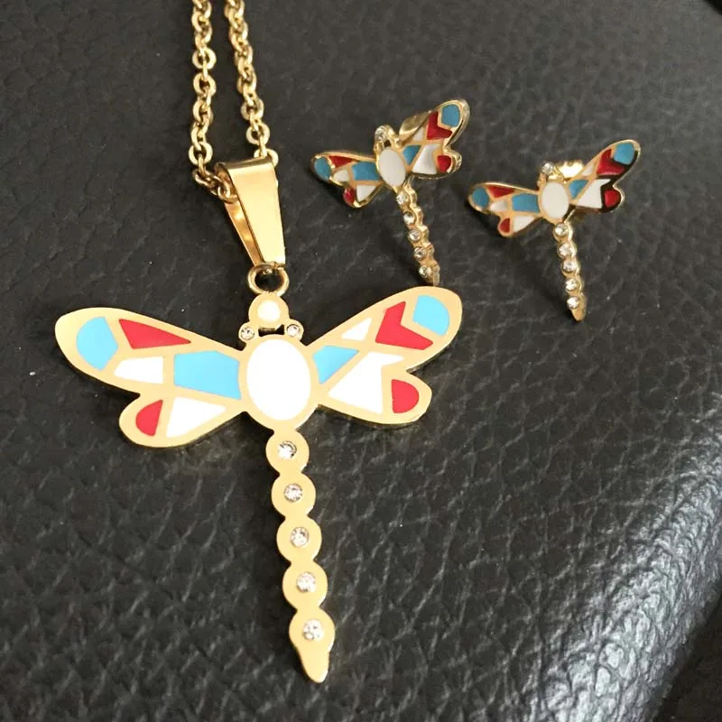 

Fashion Gold tone Austrian Crystal lovely dragonfly Jewelry Set stainless steel Necklace and Earrings for women girl Gifts Hot