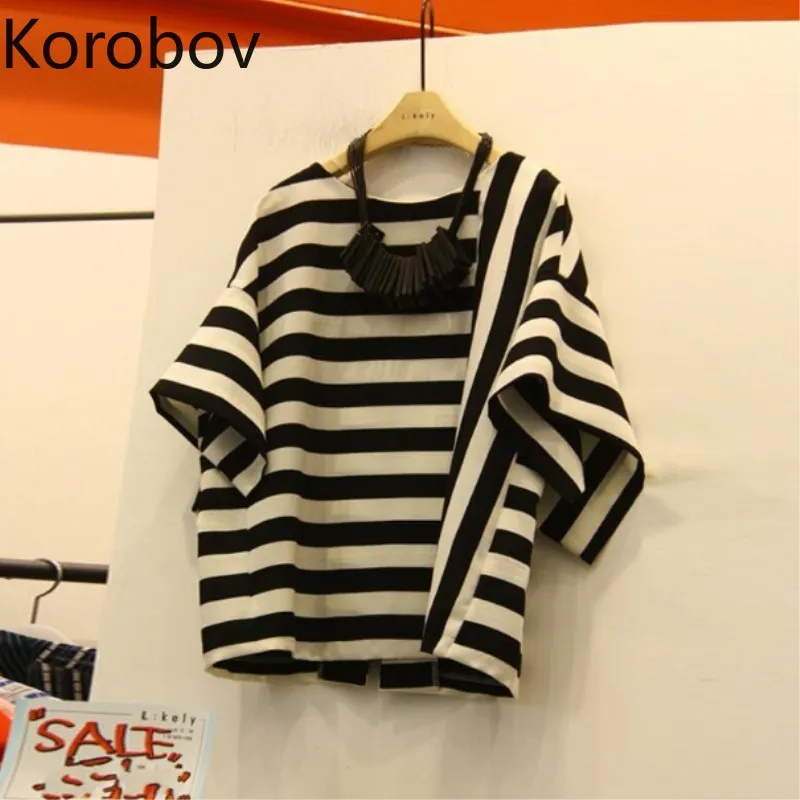 

Korobov Korean O Neck Vintage Striped Preppy Style Women T Shirt Batwing Short Sleeve Loose Casual Female T Shirt 77758