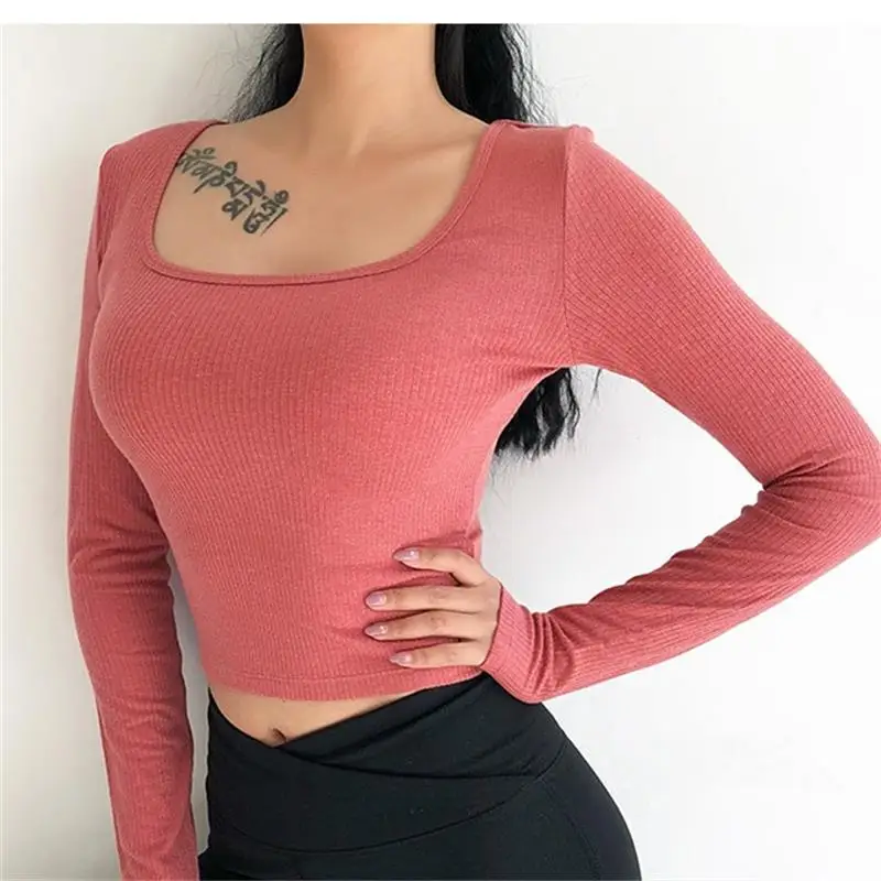

2019 round collar sexy slim thread gym coat stretch moisture absorbent sweat sport T-shirt long sleeve yoga shirt